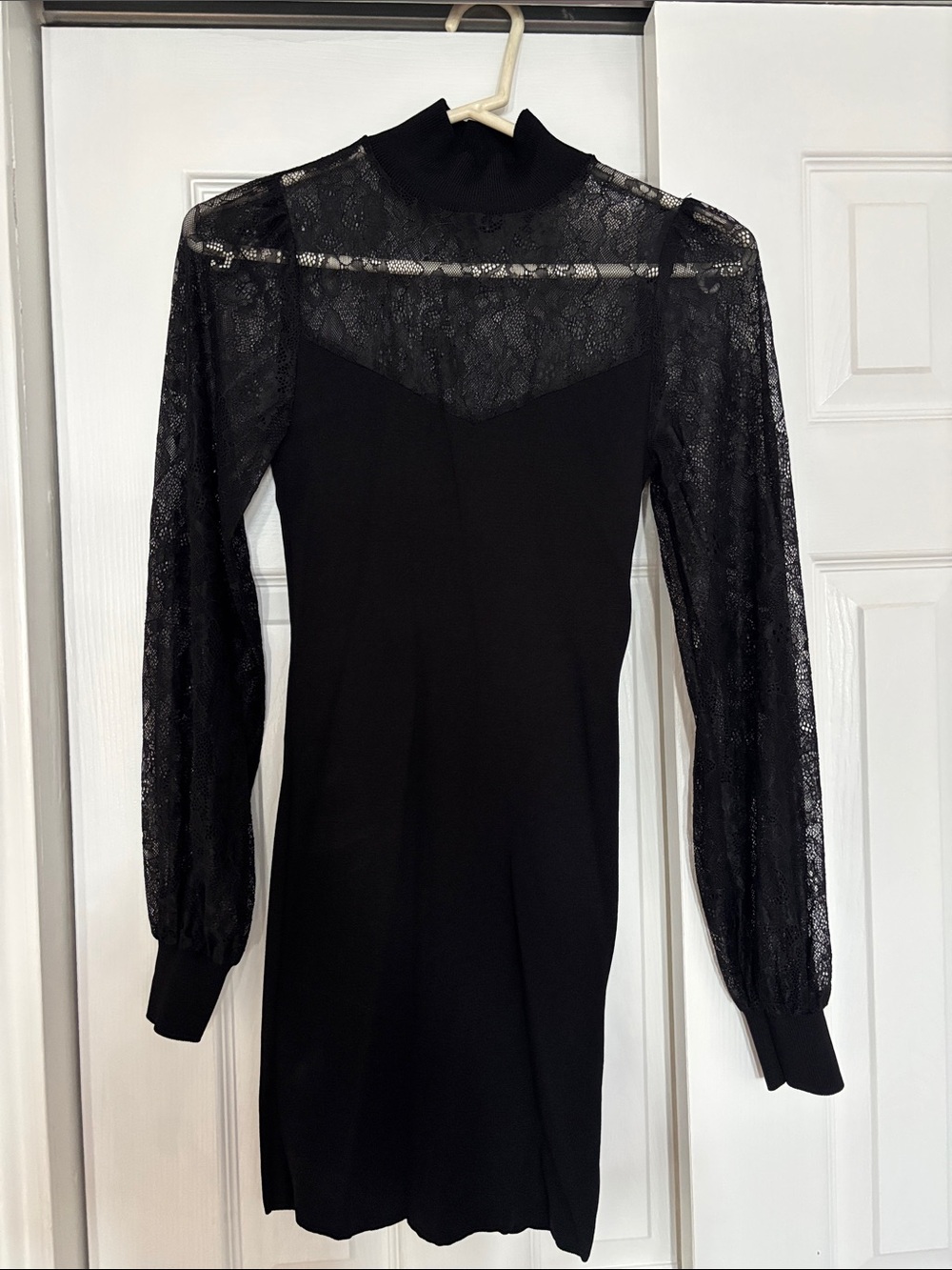 Black Lace-Sleeve Mock Neck Dress